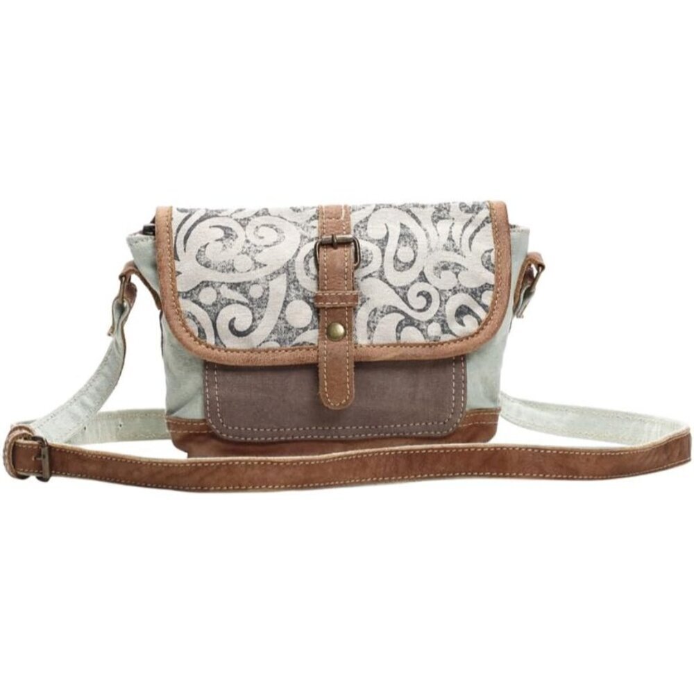 Lightweight Canvas Crossbody Bag Women Upcycled Leather Brown 10.5x6.5